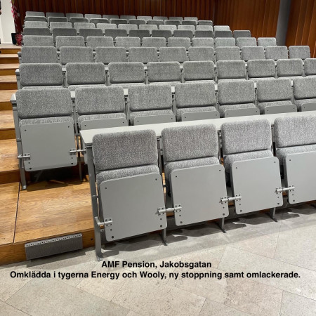 Omklädda i tygerna Energy och Wooly, ny stoppning samt omlackerade åt AMF Pension, Jakobsgatan.